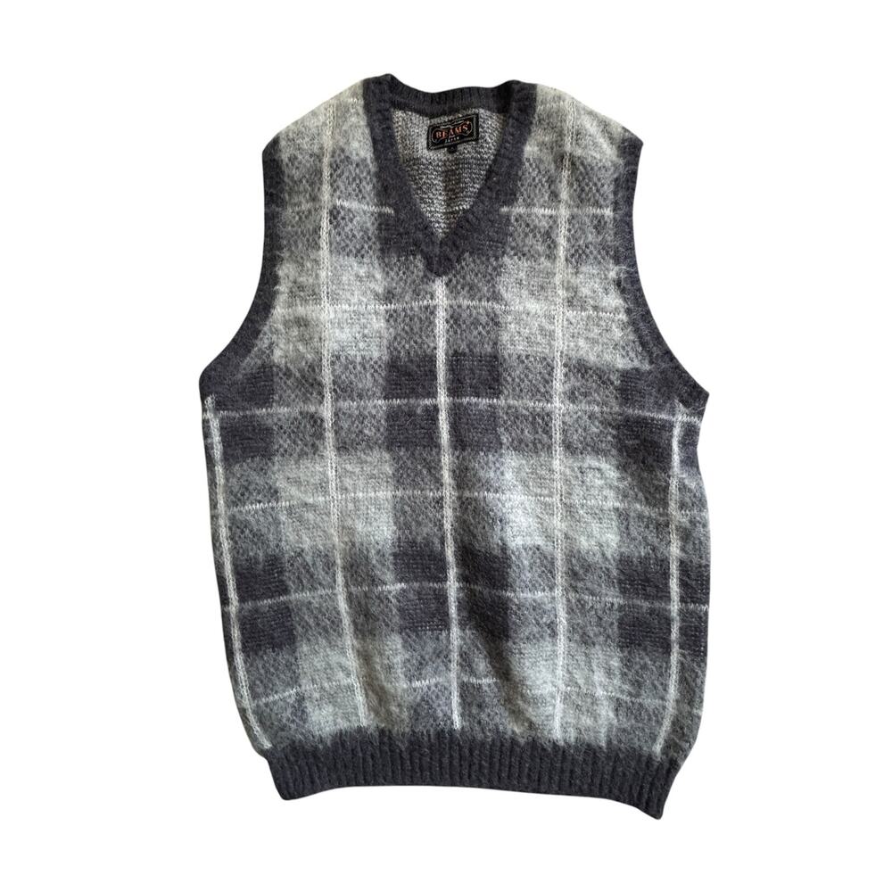 BEAMS PLUS FUZZY PLAID GRAY SWEATER VEST SIZE LARGE